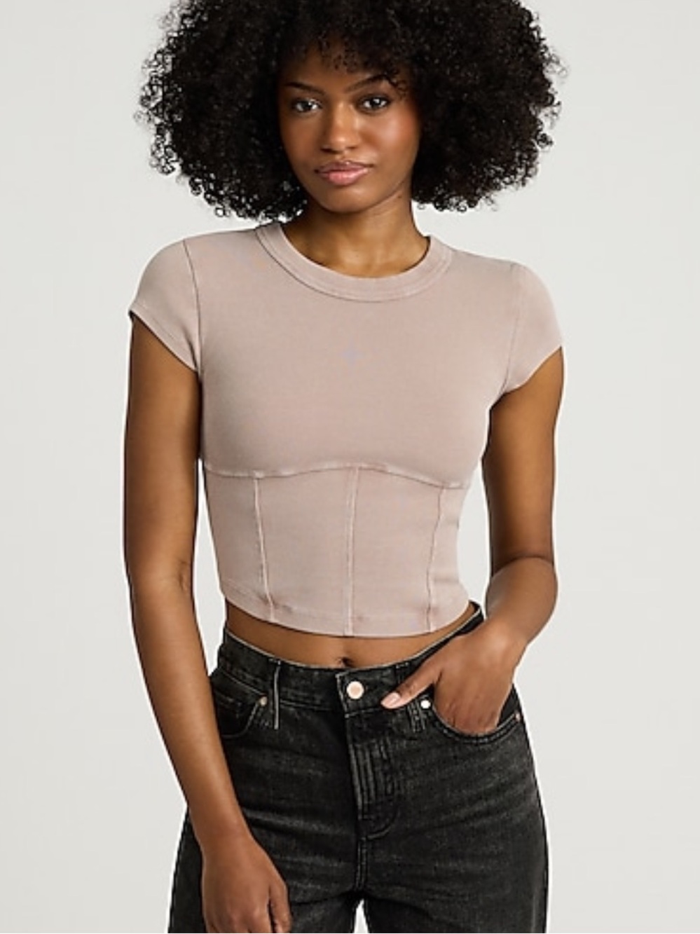 Express Taupe Ribbed Short Sleeve Corset Style Crop Top - Size Extra Small